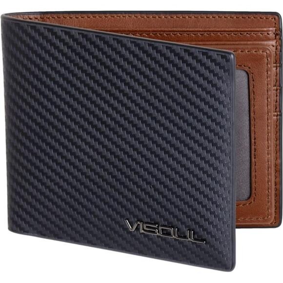 Leather Mens Bifold RFID Blocking Wallet with 2 ID Windows, Leather